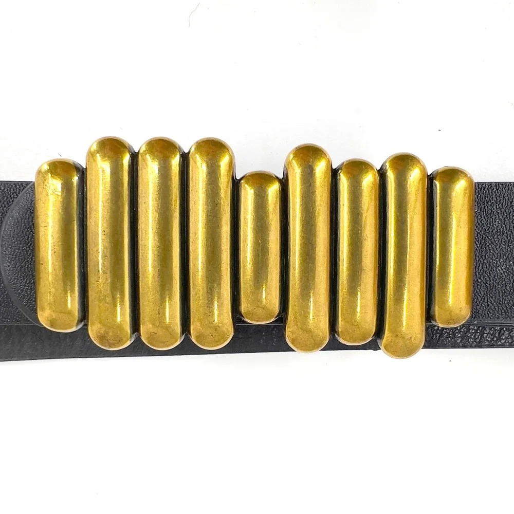 Womens Belt XS S M Black Gold Bar Buckle Statement 80s Brutalist Avant Garde